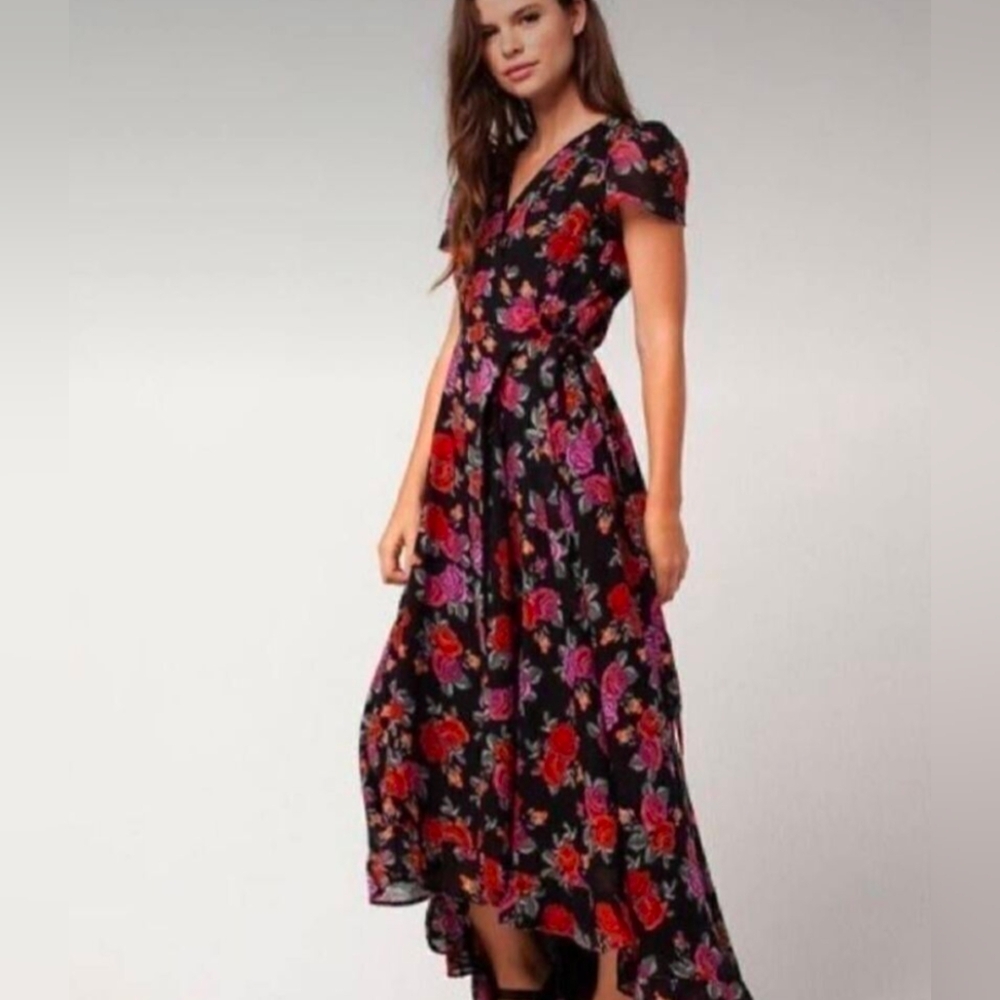 Patrons of Peace Black Maxi Dress with Red and Pink Floral